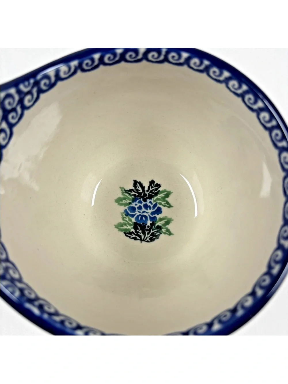 Polish Pottery Soup Bowl Loop Handle Cobalt Blue Green Floral Leaf Boleslawiec
